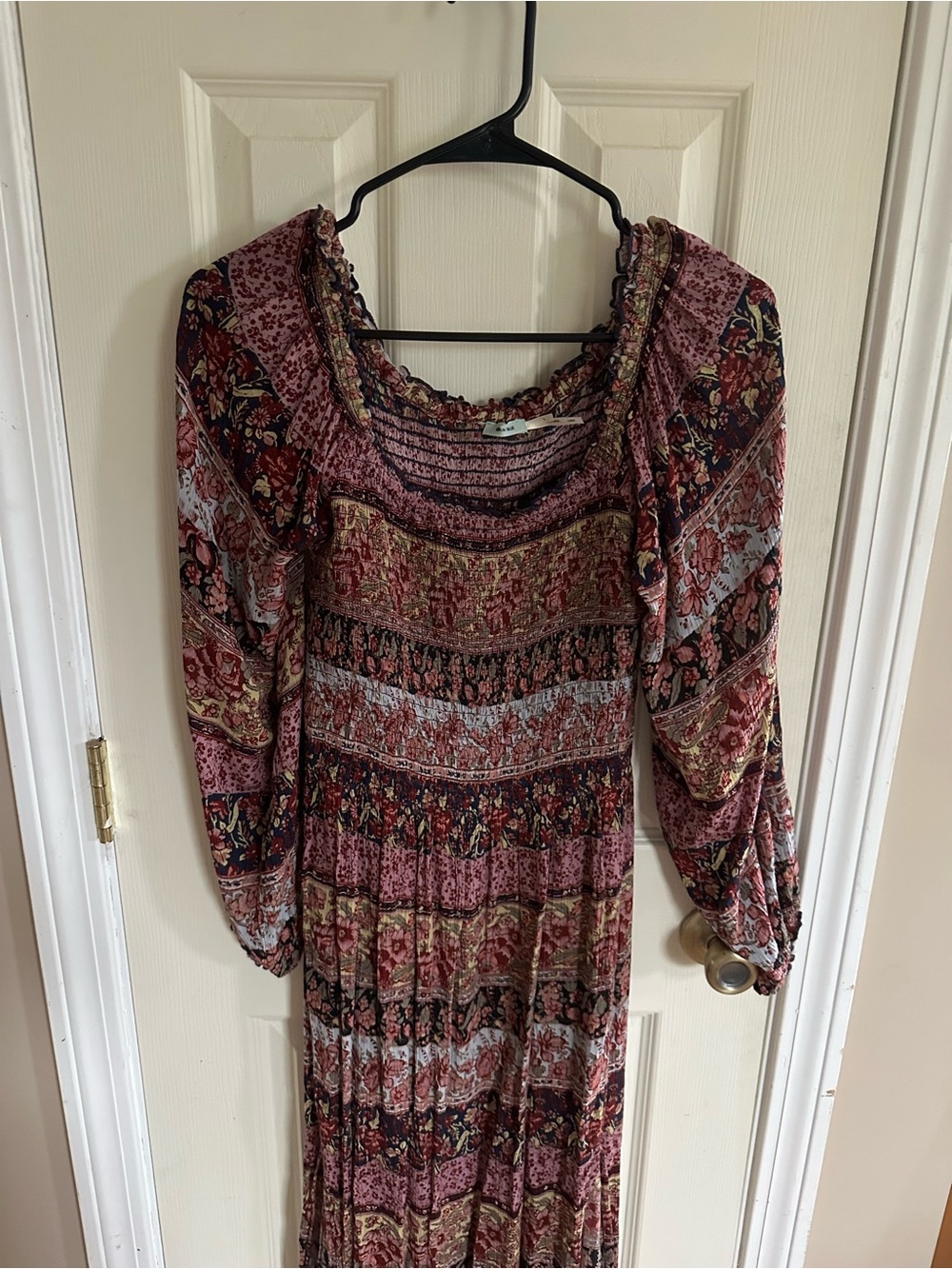 Boho Floral Long Sleeve Off The Shoulder Maxi Dress in Burgundy Pink